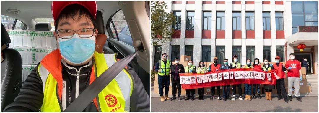 左圖：10輛轎車后座和后備箱堆滿了菜，出發送給社區；右圖：各位志愿者協助接收消毒防護物資